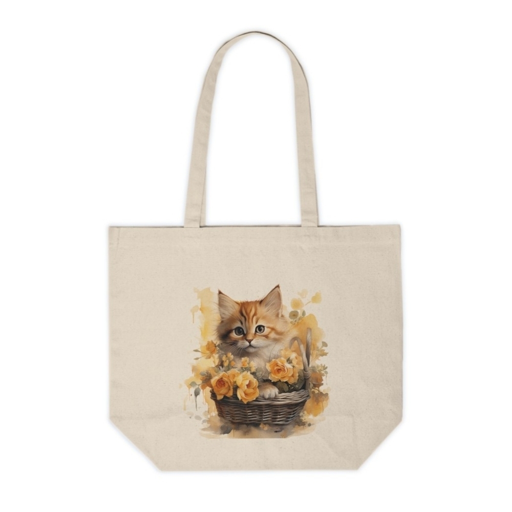Floral Cat in a Basket Custom Canvas Tote Bag